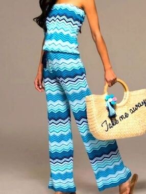Macbeth Collection by Margaret Josephs Blue Chevron Strapless Wide-Leg Jumpsuit